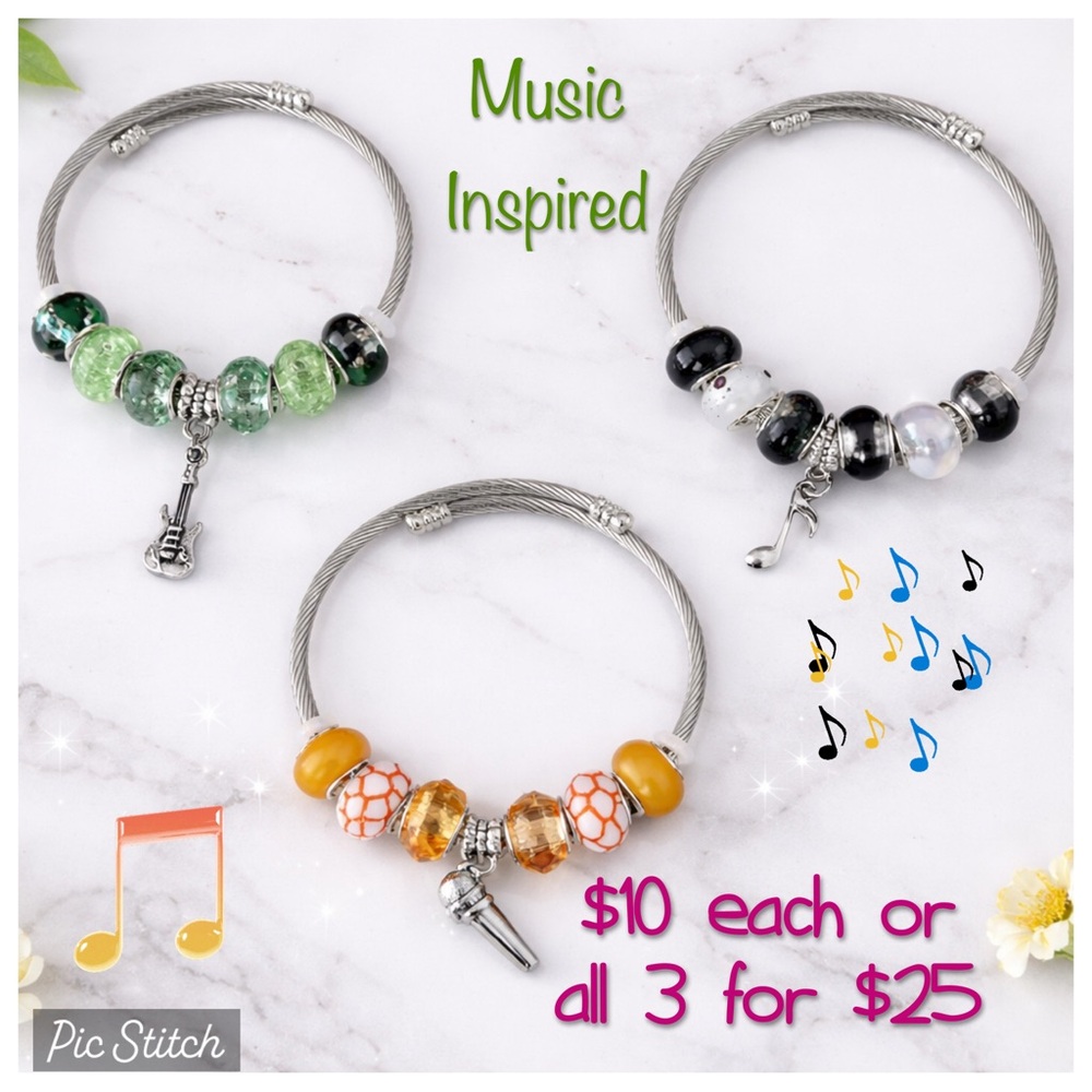 Music Inspired Beaded Charm Bangle Style Bracelets